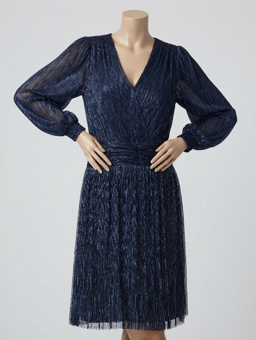 White House Black Market Metallic Sparkle Midi Dress Navy Blue Size Small New